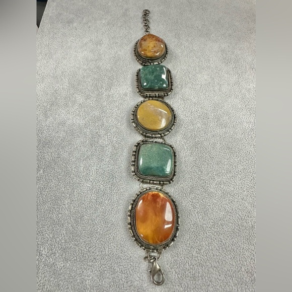 Vintage Artisan Indian Jasper Stone Silver Tone Chunky Boho Earth Tone Bracelet - Picture 2 of 8